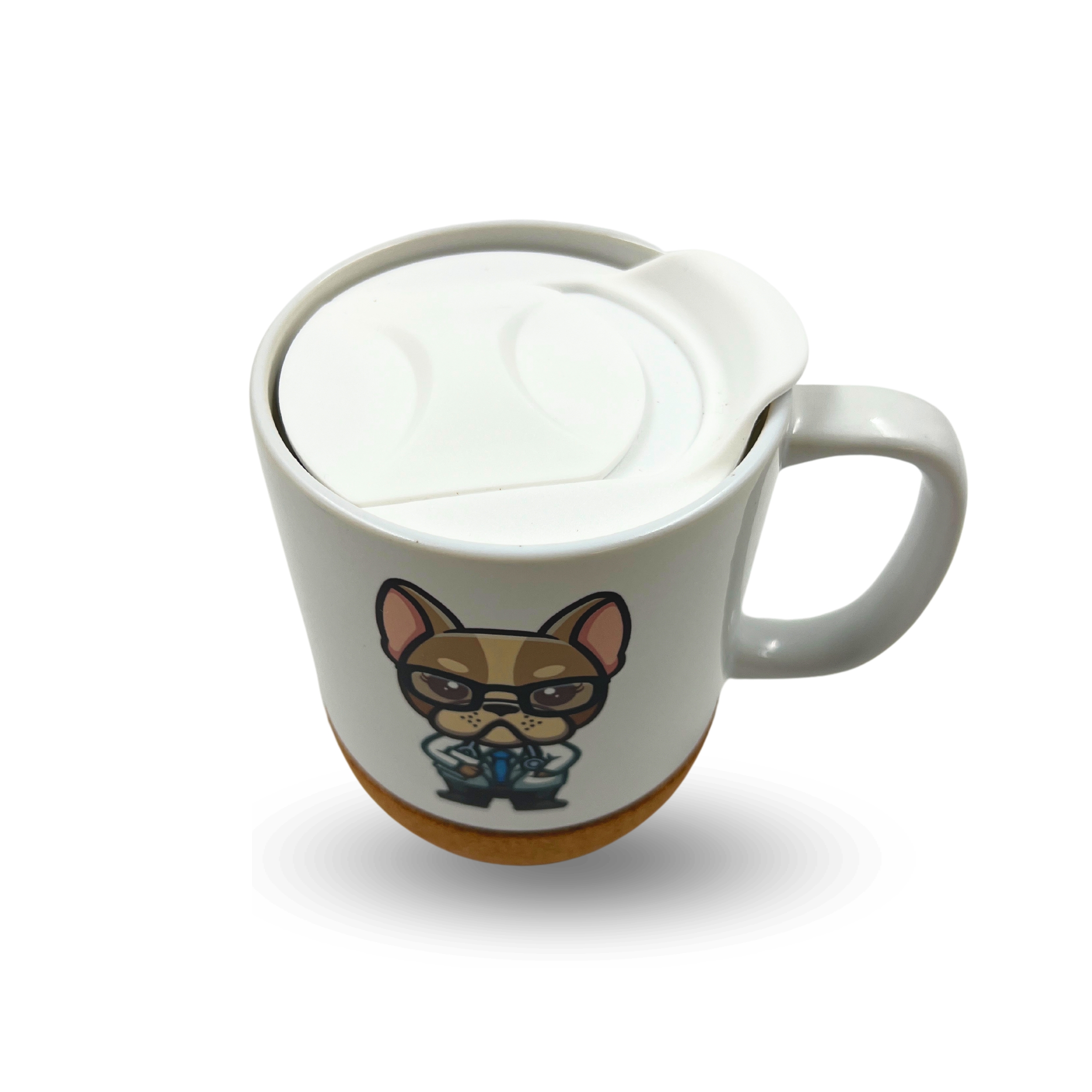 Taza de cerámica en color blanco y nombre personalizado con diseño de un bulldog francés vestido de médico con la base de corcho image number null
